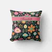 Whimsical Flower Patch on Black Throw Pillow