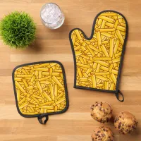 French Fries, Chips, Fast Food Patterned Oven Mitt & Pot Holder Set