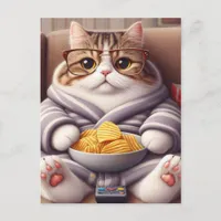 Funny Couch Potato Cat in Glasses Remote and Chips Postcard