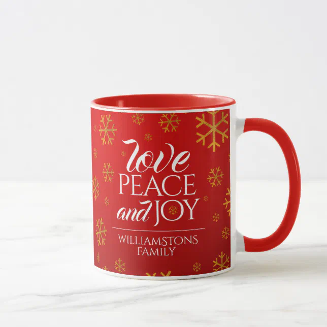 Festive Red Love, Peace, and Joy with Snowflakes Mug