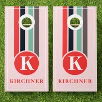 Retro Stripes Red Pink Monogram Family Name Cornhole Set