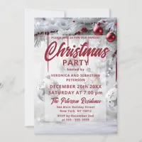 Red Silver Christmas Baubles Snow-Frosted Branches Invitation