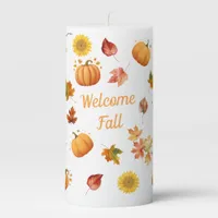 Watercolor Fall Leaves and Pumpkins Pillar Candle