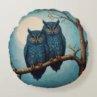 Cute blue Pair of Owls sitting on a branch  Round Pillow