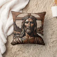 Jesus Portrait Surrounded by Mountains and Cross Throw Pillow