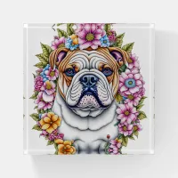 Ai Art Bulldog Surrounded by Whimsical Flowers Paperweight