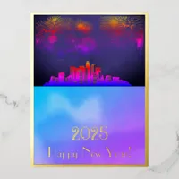 New year’s golden fireworks over the city 2025 foil holiday postcard