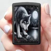 Moonlit White Wolf Reflection Zippo Lighter