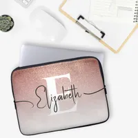 Girly Sparkle Rose Gold Glitter White Monogrammed Laptop Sleeve