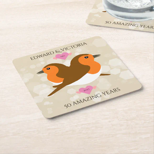 European Robins Lovebirds Any Year Anniversary Square Paper Coaster