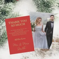 Mr & Mrs Elegant Gold Script Wedding Photo Red Thank You Card