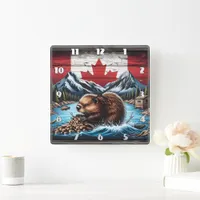 Beaver Building Dam With Canadian Flag Background Square Wall Clock