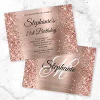 Glittery Rose Gold Fancy Monogram 21st Birthday Invitation