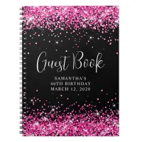 Hot Pink Glitter Black 40th Birthday Guest Notebook