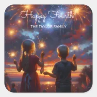 Vintage Kids with Sparklers July 4th Personalized Square Sticker