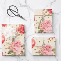 Valentine's Pink and Red Roses and Hearts  Wrapping Paper Sheets