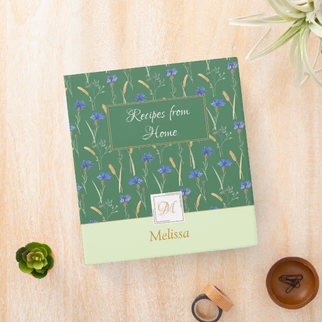 Green Floral Wildflower Monogram Recipe 3 Ring Binder