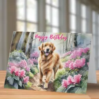 Golden Retriever Dog Pink Flowers Happy Birthday Card