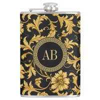 Monogram Black Gold Classy Elegant Pattern Flask