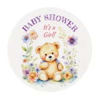 Teddy Bear in Flowers Girl's Baby Shower Edible Frosting Rounds
