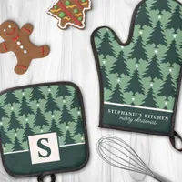 Christmas Tree Pattern Sage Green Monogrammed Oven Mitt & Pot Holder Set