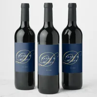 Custom Monogram Name Blue and Gold Wine Label