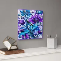 Colorful Blue and Purple Floral Art Square Wall Clock