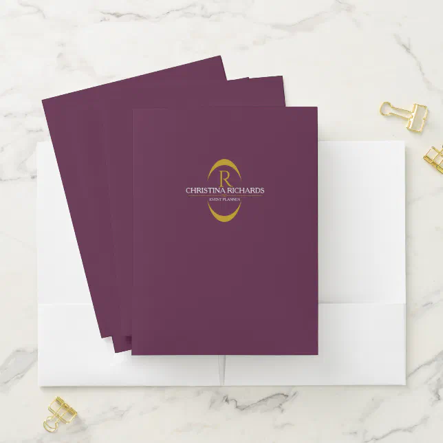 Gold Monogram Burgundy Modern Elegant Business Pocket Folder