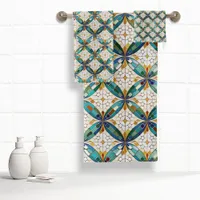 Geometric Mosaic Tile Pattern#5 Teal  White ID1078 Bath Towel Set