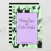 Bunny Kisses and Easter Wishes Green Modern Family Holiday Card