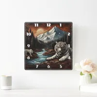 Bengal Tigers Relaxing by a Serene Mountain Stream Square Wall Clock