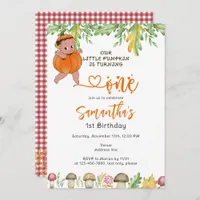 Pumpkin Turning One Mushrooms Plaid 1st Birthday Invitation