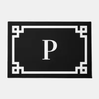 Black and White Greek Key Frame Single Monogram Doormat