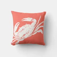 Coral and White Distressed Look Crab Graphic Print Throw Pillow