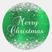 Glittery Silver and Green Foil Merry Christmas Classic Round Sticker