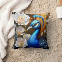 Vibrant Peacock Among White Flowers at Sunset Throw Pillow