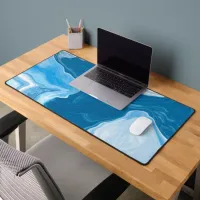 Marbled Fluid Art Blue and White  Desk Mat