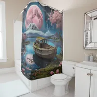 Japanese Boat scene on a beautiful lake bathroom Shower Curtain