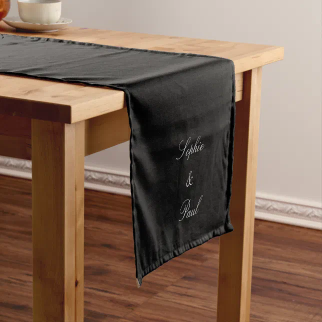 Elegant Black White Script Wedding Table Runner