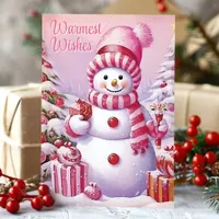 Warmest Wishes Cute Pink Snowman  Holiday Card