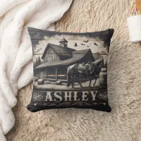 Horse Near Vintage Barn With Mountains Throw Pillow