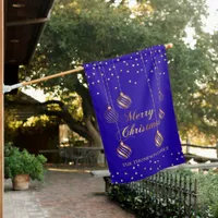 Elegant Gold Script Confetti Blue Family Christmas House Flag