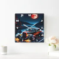 Classic hot rod cruising by the moonlit lake square wall clock