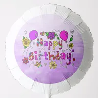 Purple Whimsical Happy Birthday Flowers and Hearts Balloon