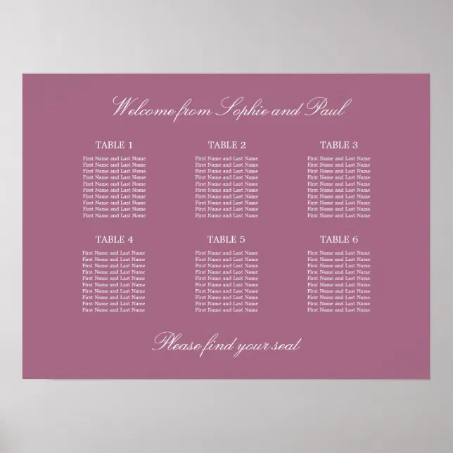 Mauve 6 Table Wedding Seating Chart Poster