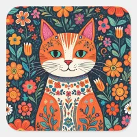 Whimsical Folk Art Cat and Flowers Square Sticker