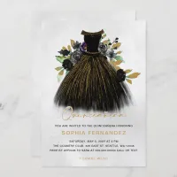 Black Gold Glitter Floral Dress Quincea&#241;era Invitation