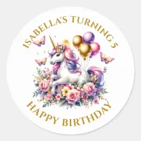 Pink Purple and Gold Unicorn Birthday Personalized Classic Round Sticker