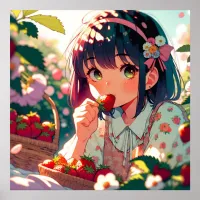 Cute Anime Girl Eating Strawberries | Summer Day Poster