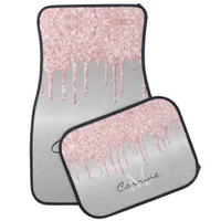 Monogram Metallic Silver & Blush Pink Glitter Drip Car Floor Mat